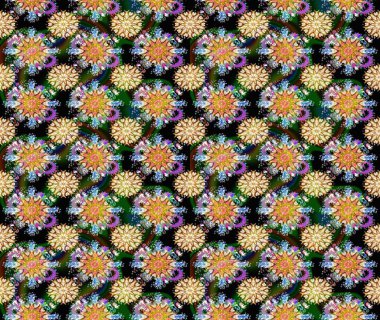 Yumuşak, bahar çiçekleri siyah renklerde. Patlayan çiçekler soyut olarak yerleştirilmiş. Raster illüstrasyonu. Raster deseni.