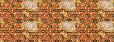 Tekrarlayan elementlerle kusursuz soyut arkaplan. Klasik raster şablonu. Kahverengi, turuncu ve altın desenli.