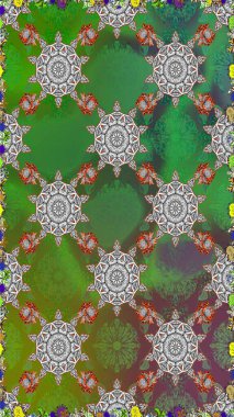 Klasik çiçek tasarımı elementleri. Yeşil ve gri kıvırcık çiçekler yeşil ve gri renkte şekillenir. Raster illüstrasyonu.