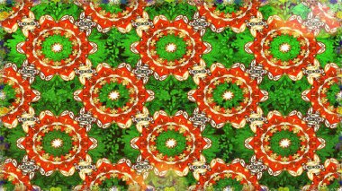 Yeşil ve turuncu renklerde, altın elementlerle klasik, dikişsiz desen. Noel 2019, kar tanesi, yeni yıl.