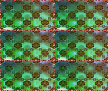 Retro tekstil tasarım koleksiyonu. 1950-1960 motifleri. Yeşil ve kahverengi, yeşil ve kahverengi. El çizimi çiçek unsurları olan soyut, dikişsiz raster deseni. Çiçekli ipek eşarp..