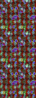 Raster illüstrasyonu. Kırmızı, kahverengi ve mavi renklere karalamalar çizilmiş çiçek deseni.