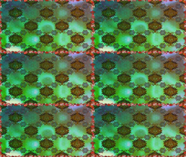 Retro tekstil tasarım koleksiyonu. 1950-1960 motifleri. Yeşil ve kahverengi, yeşil ve kahverengi. El çizimi çiçek unsurları olan soyut, dikişsiz raster deseni. Çiçekli ipek eşarp..