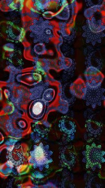 Çok renkli ve menekşe rengi zarif küçük çiçekler ve siyah ve mor renkli komik böcekler, raster desen, illüstrasyon.