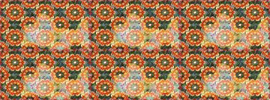 Turuncu ve kahverengi renklerde altın elementler. Şık bir grafik desen. Çiçek deseni. Kusursuz raster arka plan. Duvar kâğıdı barok, İspanyol kumaşı.