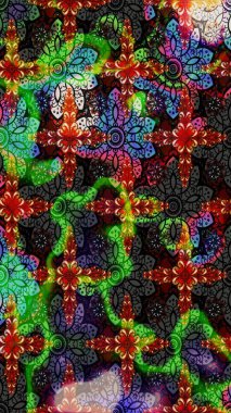 Raster illüstrasyonu. Çiçek desenli çizim. Asya tekstil tarzında. Raster illüstrasyonu. Siyah ve yeşil renkte çiçekler.