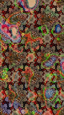 Güzel, parlak, pürüzsüz kumaş, tuval. Desen, çizim, çiçek sınırı. Kıvırcık, parlak örgü. Çiçek çelengi. Eski moda arka plan. Raster illüstrasyonu.