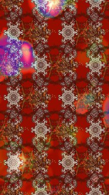 Kumaş desenli papatya çiçeği detayı. Kırmızı ve kahverengi renkte çiçekler.