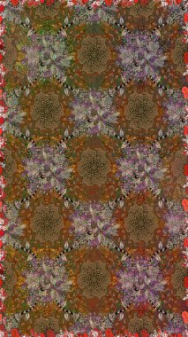 Kahverengi renkler ve parlak çiçekler üzerinde soyut, pürüzsüz desen. Çiçeksel elementlerle süslenmiş zarif raster dokusu. Küçük çiçekte şirin bir çiçek deseni var..