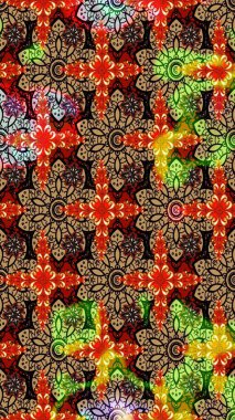 Suluboya elle çizilmiş çiçek desenli eskiz deseni. Parlak renkli fantezi çiçekleri, yapraklar, kırmızı ve siyah renkli tomurcuklar..