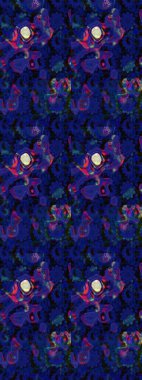 Çiçek desenli çizim. Raster illüstrasyonu. Mavi ve siyah renkli Asyalı tekstil.