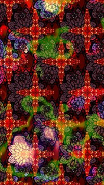 Raster Floral Illustration, Asyalı tekstil. Kahverengi ve siyah renkte etnik çiçeklerle süslenmiş zarif bir eskiz..