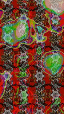 Suluboya elle çizilmiş çiçek desenli eskiz deseni. Parlak renkli fantezi çiçekleri, yapraklar, kırmızı ve kahverengi renkli tomurcuklar, kırmızı ve kahverengi.