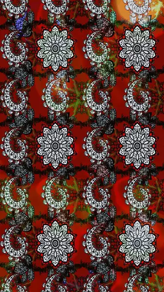 Raster illüstrasyonu. Gri ve kırmızı renkte çiçekler. Raster illüstrasyonu. Asya tekstil tarzında. Çiçek desenini çiz.