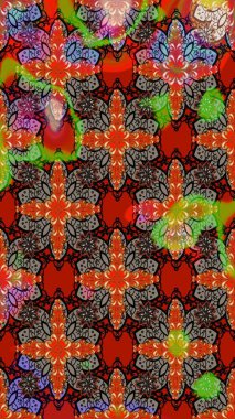 Raster deseni. Kibar, bahar çiçekleri kırmızı ve kahverengi renklerde. Raster illüstrasyonu. Patlayan çiçekler soyut yerleştirilmiş.