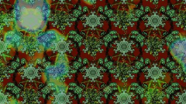 Çizim kalıbı. Yeşil ve kahverengi renklerde. Hint süsü. Çiçek duvar kağıdı. Renkli süs kenarı. Raster illüstrasyonu.