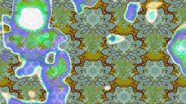 Yeşil ve mavi arka planda. Tekstil, kumaş, ambalaj, hatıra defteri için hoş bir çiçek arkaplanı. Çocuksu tasarım. Elle çizilmiş karalama çiçekleri ile Raster çizim deseni.