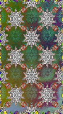 Renkli desenli kusursuz desen, yeşil ve gri çiçekler ve dekoratif elementler. Eski usul. Kumaş, tekstil, duvar kağıdı baskısı için. Kusursuz bir geçmişi var. Raster illüstrasyonu.