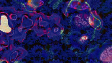 Gömlek baskısı için çiçek boyası. Çiçek desenli eskiz. Mavi ve siyah renkte çiçekler.