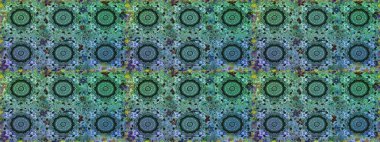 Raster altın tekstil baskısı. İslam tasarımı. Altın desenli mavi ve yeşil renklerde altın elementler. Kusursuz desenli oryantal süs. Çiçek karoları.