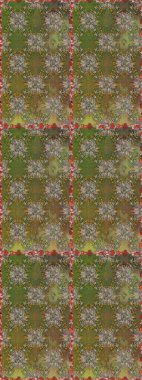 Raster illüstrasyonu. Hint süsü. Renkli süs kenarı. Kusursuz desen. Kahverengi ve yeşil renklerde. Çiçek duvar kağıdı.