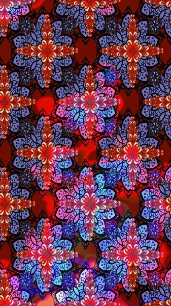 Kırmızı ve mor renkte çiçekler. Düz Çiçek Elementleri Tasarımı. Raster illüstrasyonundaki çiçek desenli çizim. Renkli Bahar Teması çizim şablonu.