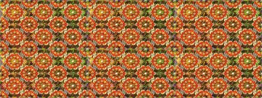 Altın antika ortaçağ dekoratifi, yaprakları ve turuncu ve kahverengi desenli süslemeleri olan pürüzsüz bir şablon. Kusursuz kraliyet lüksü, altın barok kumaş rengi..