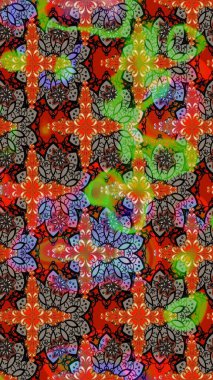 Çok renkli ve kahverengi zarif küçük çiçekler ve kırmızı ve kahverengi renkli komik böcekler, raster desen, illüstrasyon.