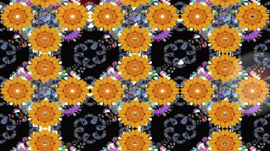 Siyah ve sarı renklerde etnik çiçeklerin olduğu kusursuz bir desen. Asya Tekstil 'inde Raster Çiçek İllüstrasyonu.