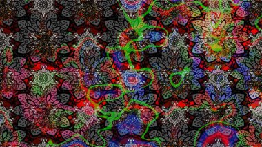 Siyah renkli Asya tekstili. Çiçek desenli çizim. Raster illüstrasyonu.