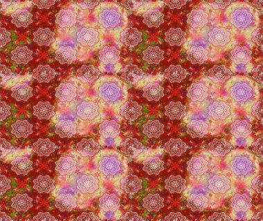 Seamless pattern with nice flowers on red and pink colors, watercolor floral pattern, tileable for wallpaper, card or fabric. Raster.