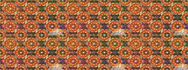 Altın rengi, kusursuz çizim. Senin tasarımın için, duvar kağıdı. Raster geometrik arka plan. Kahverengi ve turuncu renklerde altın desenli altın çiçekli elementler.