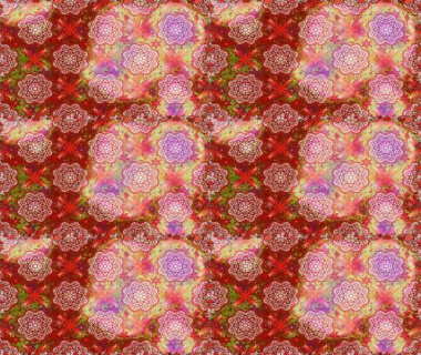 Seamless pattern with nice flowers on red and pink colors, watercolor floral pattern, tileable for wallpaper, card or fabric. Raster.