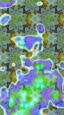 Yeşil renkli bitkilerden oluşan parlak çiçekli çizim deseni.