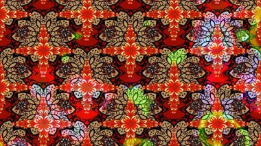 Moda baskıları için zarif bir şablon. Modern çiçek arkaplanı. Halk tarzı. Parlak renkli çiçekleri ve kırmızı yaprakları olan harika bir çiçek deseni..