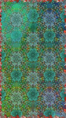 Yeşil ve mavi renklerde. Çiçek. Raster illüstrasyonu. Kusursuz dekoratif arka plan, çiçek mandala.