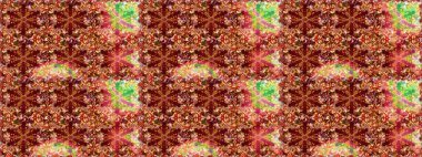 Raster altın tekstil baskısı. Kusursuz desenli oryantal süs. Çiçek kiremitleri. Kırmızı ve kahverengi renklerde altın desenli altın elementler. İslam tasarımı.