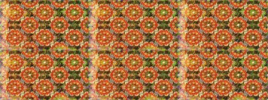 Kına dövmeli süs çiçekleri, altın çıkartmalar, mehndi ve yoga tasarımı, kartlar ve parmak izleri. Kahverengi ve turuncu renklerde desen. Raster altın mehndi kusursuz desen.