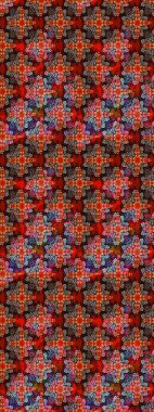 Kırmızı ve kahverengi renkte çiçekler. Kumaş desenli papatya çiçekleri ayrıntıları.