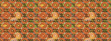 Parlak dantel, stilize çiçekler, şal desenli. Kusursuz altın desenli bukleler. Hassas altın desen. Doğu tarzı arabesk. Raster. Kahverengi ve turuncu renklerde altın elementlerle kusursuz desen.