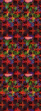 Parlak renkli çiçekleri ve siyah ve kahverengi renkte yaprakları olan harika bir çiçek deseni. Moda baskıları için zarif bir şablon. Modern çiçek arkaplanı. Halk stili.