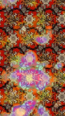 Güzel, parlak, pürüzsüz kumaş, tuval. Desen, çizim, çiçek sınırı. Kıvırcık, parlak örgü. Çiçek çelengi. Eski moda arka plan. Raster illüstrasyonu.