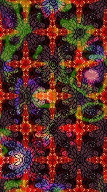 Çok renkli, zarif küçük çiçekler ve siyah renkli komik böcekler, raster desen, illüstrasyon..