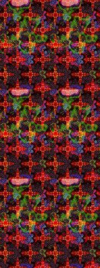 Parlak renkli çiçekleri ve siyah ve kahverengi renkte yaprakları olan harika bir çiçek deseni. Moda baskıları için zarif bir şablon. Modern çiçek arkaplanı. Halk stili.