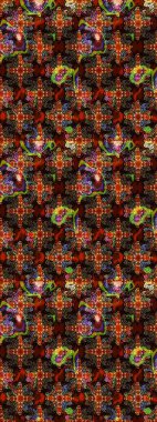 Çiçek desenli çizim. Kahverengi ve siyah renkli Asya tekstili. Raster illüstrasyonu.