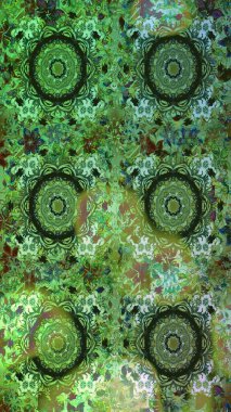 Damask arkaplanı. Yeşil ve gri renkte altın bir element. Barok tarzında altın çiçekli süs. Altın çiçekli, pürüzsüz desen.