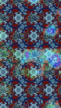 Yumuşak, bahar çiçekleri mavi ve kırmızı renklerde. Raster illüstrasyonu. Raster deseni. Patlayan çiçekler soyut yerleştirilmiş.