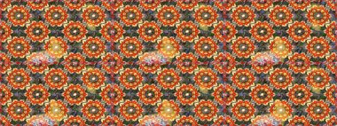 Kahverengi ve turuncu renkli Royal retro. Kusursuz desenli altın elementler. Raster illüstrasyonu. Altın şablon. Kart, duvar kağıdı, ambalaj ve tekstil için klasik tasarım. Çiçeksel klasik doku.