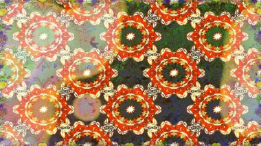 Kına dövmeli süs çiçekleri, altın çıkartmalar, mehndi ve yoga tasarımı, kartlar ve parmak izleri. Turuncu ve bej renkli desen. Raster altın mehndi kusursuz desen.