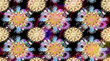 Çiçek deseni. Düz Çiçek Elementleri Tasarımı. Renkli Bahar Temalı Kusursuz Arkaplan. Raster illüstrasyonu. Kusursuz Chichi kumaş deseni..